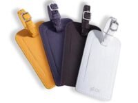 GIBOX Luggage Tags Set of 4 | Travel Tag in Brown, Purple, Yellow and White | Leather Bag Name Tags with Flap | Travel Bag Tags | Stylish Airport PU Leather Tags & Suitcase Name Tags