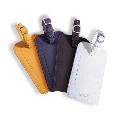 GIBOX Luggage Tags Set of 4 | Travel Tag in Brown, Purple, Yellow and White | Leather Bag Name Tags with Flap | Travel Bag Tags | Stylish Airport PU Leather Tags & Suitcase Name Tags