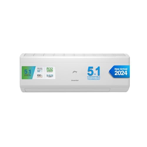 Godrej 1.5 Ton 5 Star, 5-In-1 Convertible Cooling, Inverter Split AC (Copper, Heavy Duty Cooling at 52°C, 2024 Model, AC 1.5T EI 18IINV5R32 WYS, White)