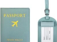 House of Quirk Luggage Tag and Passport Protector Set, Plane Pouch Passport Suitcase Identification Leather Tag Luggage Tags for Children School Bag (Light Green)