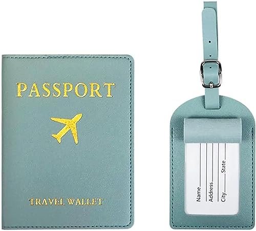 House of Quirk Luggage Tag and Passport Protector Set, Plane Pouch Passport Suitcase Identification Leather Tag Luggage Tags for Children School Bag (Light Green)