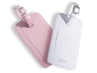 Luggage Tag (Set of 2) Pink and White | Travel Tags for Bag | Unisex PU Leather Bag Tags with Flap | Airport Suitcase Tag with Name ID Labels