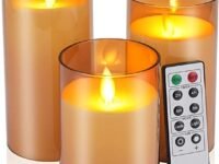 LTETTES Flameless LED Candles AA Battery Powered with Golden Acrylic Fiber Glass with Remote Controller and Timer for Home Festival Wedding Decor (Set of 3-3" D x 4",5",6" H)