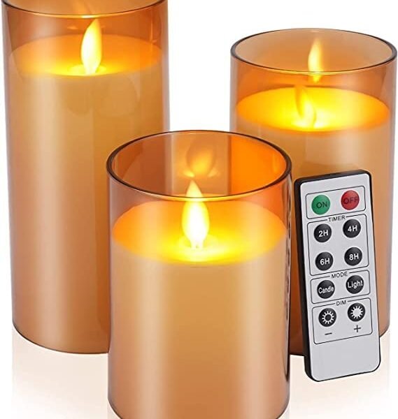 LTETTES Flameless LED Candles AA Battery Powered with Golden Acrylic Fiber Glass with Remote Controller and Timer for Home Festival Wedding Decor (Set of 3-3" D x 4",5",6" H)