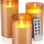 LTETTES Flameless LED Candles AA Battery Powered with Golden Acrylic Fiber Glass with Remote Controller and Timer for Home Festival Wedding Decor (Set of 3-3" D x 4",5",6" H)