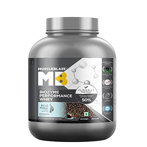 MuscleBlaze Biozyme Performance Whey Protein | Clinically Tested 50% Higher Protein Absorption | Informed Choice UK, Labdoor USA Certified & US Patent Filed EAF® (Blue Tokai Coffee, 2 kg / 4.4 lb)