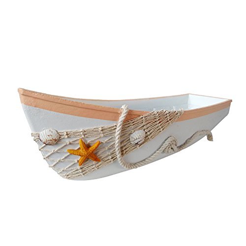 Attraction Design Wooden Boat Tray Decor, 17" L Canoe Boat Tray Display with Fish Net Starfish Seashell Accents White Beach Nautical Theme Decor