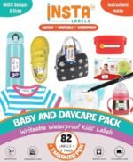 Baby & Daycare Label Pack | Write-on Waterproof Labels & Tags for All Baby Items - Feeding Bottles, Clothes, Baby Bags, Lunch Box, Sippy Cups, Diapers, Wet Wipes etc. | Name Stickers for Kids