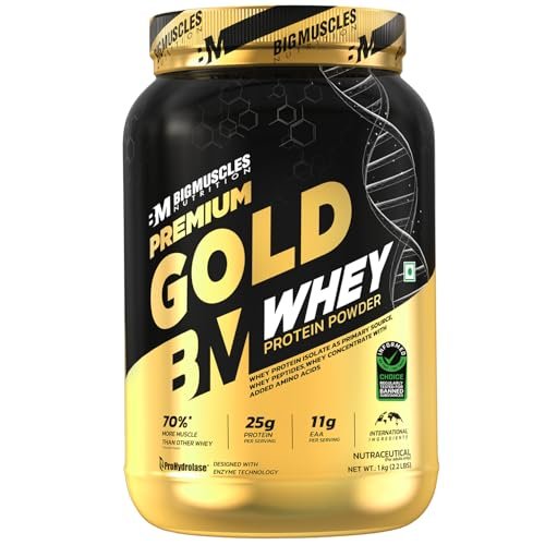 Bigmuscles Nutrition Premium Gold Whey [1Kg] | Informed Choice UK Certified | Isolate Whey Protein Blend | 25g Protein | 11g EAA | ProHydrolase Enzyme Technology [Chocolate]