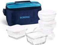 Borosil Alfa Glass Lunch Box Blue, Set of 4 (2pcs 320 ml Square + 2pcs 240 ml Round) - Uni, Microwave Safe Office Tiffin