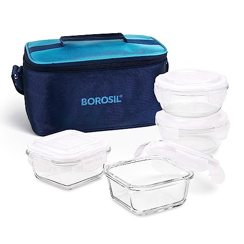 Borosil Alfa Glass Lunch Box Blue, Set of 4 (2pcs 320 ml Square + 2pcs 240 ml Round) - Uni, Microwave Safe Office Tiffin