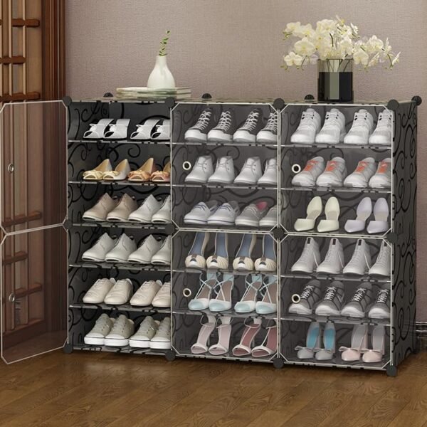 CITRODA Multipurpose Portable Shoe Rack for Home Plastic Household, DIY Shoe Storage Rack with Dustproof Door for Heels/Slippers/Boots for Entryway or Bedroom (Black, 18-Shelf-6-Door)