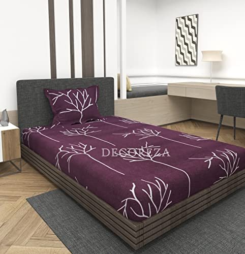 DECOREZA Cotton Feel All Around Elastic Premium Fitted Bedsheets, Elastic Fitted Bedsheets Single Size, Bedsheet for Single Bed with 1 Pillow Cover, Size - 36 x 78 x 8 Inches, Maroon Tree