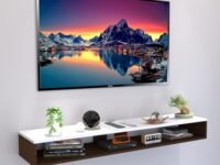 EVETO Wooden Wall Mounted TV Unit, Cabinet, with TV Stand Unit Wall Shelf for Living Room/Engineered Wood TV Entertainment Unit Set Top Box Stand/TV Cabinet (90 CM White Walnut
