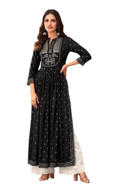 FABIAN FASHION Women's Foil Print Rayon Black Colour Regular Fit Casual Kurta Set