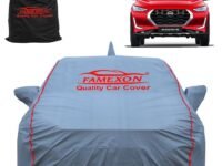 FAMEXON Waterproof Car Body Cover Compatible for Magnite with Mirror Pockets, Scratchproof Car Cover Red Pipein Design Dust-Proof Sun Protection (Grey) LGWP6218