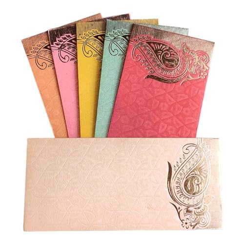 Jhintemetic® - Pack of 25 Matellic 5 Colours of 5 Each Randomly Picked Colourful Designer Shagun Lifafa/Money Gift Envelope with Golden Matellic Keri for Gifting Money on any occasion