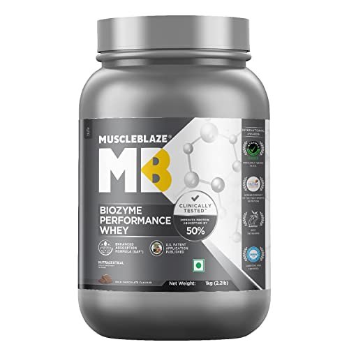 MuscleBlaze Biozyme Performance Whey Protein (Rich Chocolate, 1 kg / 2.2 lb) | Clinically Tested 50% Higher Protein Absorption | Informed Choice UK, Labdoor USA Certified & US Patent Filed EAF®