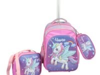 NOVEX Unicorn Kids Backpack Combo Set - 1 Lunch Box Bag & Stationary Pouch School Trolley Bags with 2 Wheels | 17 Inch Soft Polyester Spinner Luggage | Purple Carry-on Set for Kid Girls