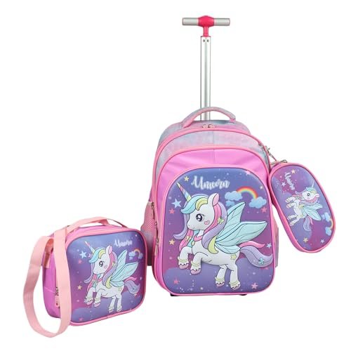 NOVEX Unicorn Kids Backpack Combo Set - 1 Lunch Box Bag & Stationary Pouch School Trolley Bags with 2 Wheels | 17 Inch Soft Polyester Spinner Luggage | Purple Carry-on Set for Kid Girls