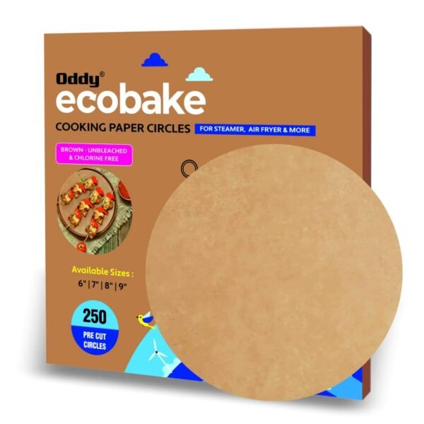 Oddy Ecobake Brown Cooking & Baking Paper Circles, 250 Unbleached & Chlorine Free Pre-Cut Rounds, Size 8 inch, Ideal for Baking Cakes, Best Suitable for Airfryer, Microwave, Oven & Steamer