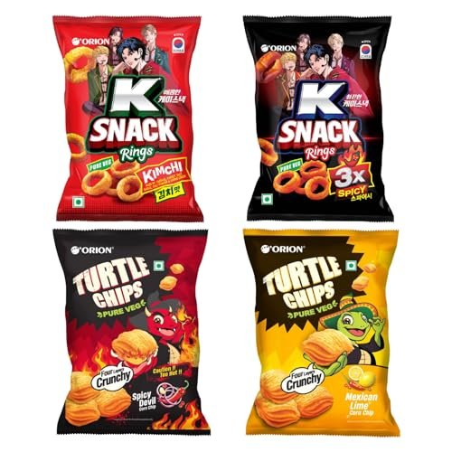 Orion K snacks Korean Chips Combo - Kimchi, 3x Spicy, Mexican Lime and Spicy Devil Munchies Pack 70gx4