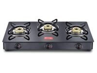 Prestige IRIS Toughened Glass-Top 3 Brass Burner LPG Gas Stove | Black Spill Proof Design | Ergonomic Knob | Tri-Pin Burners |Open
