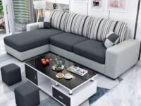 Sleepify Luno 4 Seater Fabric LHS L Shape Sofa Set with 2 Puffy (Dark Grey- Light Grey)