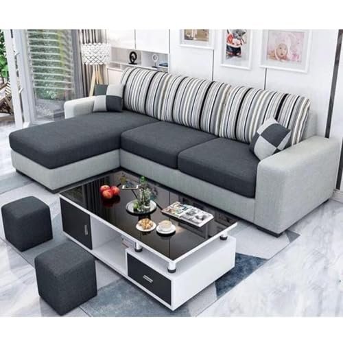 Sleepify Luno 4 Seater Fabric LHS L Shape Sofa Set with 2 Puffy (Dark Grey- Light Grey)