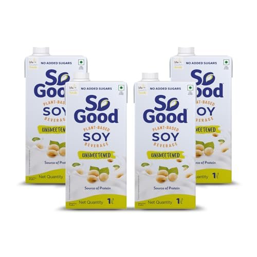 So Good Plant Based Soy Beverage Unsweetened 4 L (4 x 1000 ml) | Lactose Free | No Added Sugar | Gluten Free | No Preservatives | Zero Cholesterol | Dairy Free |NON GMO Soybean