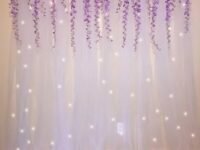 Special You Ganpati Decoration Items for Home White Net Curtains with Fairy LED Light & Purple Wisteria for Ganpati Decoration Mandap, Pooja Room, Home Decor, ganpati Decoration Background- 12 Pcs