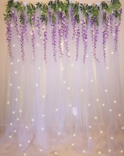 Special You Ganpati Decoration Items for Home White Net Curtains with Fairy LED Light & Purple Wisteria for Ganpati Decoration Mandap, Pooja Room, Home Decor, ganpati Decoration Background- 12 Pcs