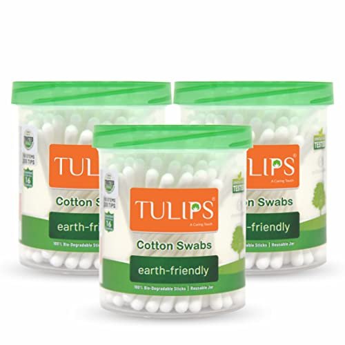 TULIPS Cotton Ear Buds/Swabs (pack of 3) with White PAPER Sticks (100/200 Tips) in a Jar