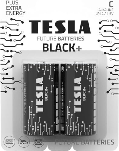 Tesla Batteries C Black+ (LR14 / Blister FOIL 2 PCS) Maximum Power Alkaline Batteries, 10 Year Shelf Life, A Long-Lasting Battery Life, Leak-Free.