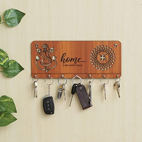 Webelkart Premium Home Is our Happy Place Wooden Key Holder for Home and Office Decor - 12 Inches (7 Hooks, Wood Color)