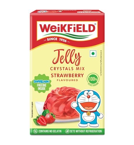 Weikfield Jelly Crystals with free Doraemon Key Chain | Delicious Strawberry Flavour | 100% Vegetarian | No Gelatin | Sets Without Refrigeration | 90g Carton