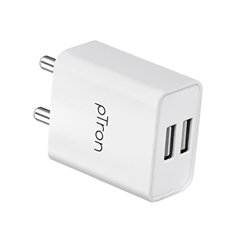 pTron Volta Dual Port 12W Smart USB Charger Adapter, Multi-Layer Protection, Made in India, BIS Certified, Fast Charging Power Adaptor Without Cable for All iOS & Android Devices (White)