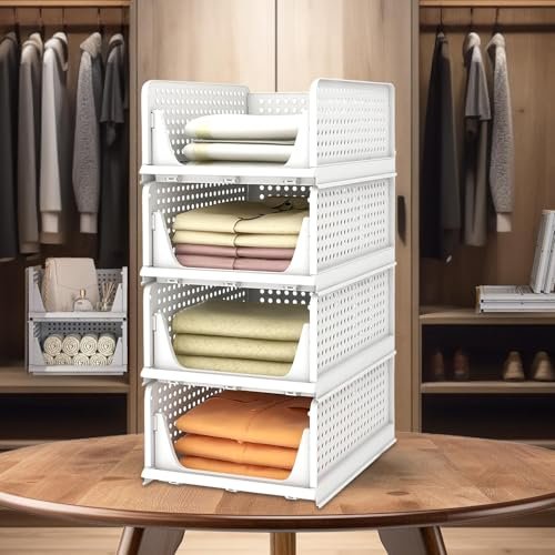 Kuber Industries Storage Organizer | Wardrobe Organizer For Clothes | Cupboard Organizer | Foldable Shirt Stacker Box | Cloth Box for Almirah | Closet Storage Basket | Large | Pack of 4 | White