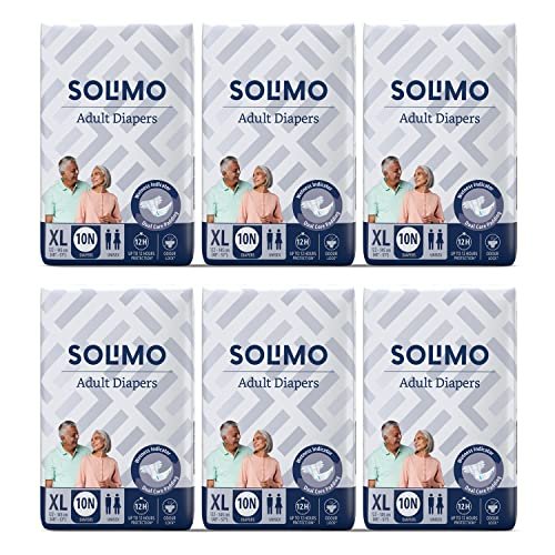 Amazon Brand - Solimo Adult Diapers, Tape Style | Pack of 60 | XL Size | Waist 48-57 in (122-145 cm) | Unisex | Quick Absorption | Leak Proof Upto 12 Hours | Wetness Indicator | For Men & Women