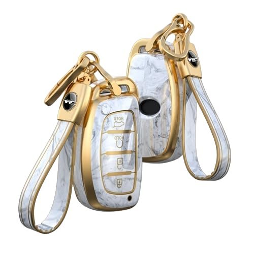 AUTODIFY™ Premium Marble Gold TPU Car Key Cover and Keychain with Keyring & Key Fob Holder Compatible for Creta, Venue, I20 (2021), Alcazar, Elantra, Tuscon