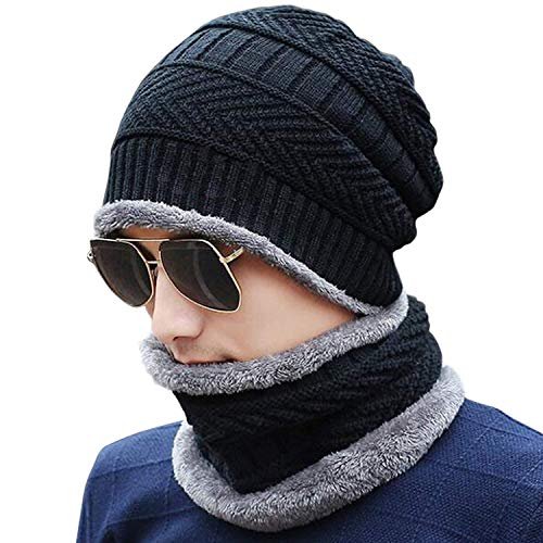 Adroitz Winter Casual Style Beanie Cap With Scarf Set|Warm Knit Cap|Thick Fur Lined Winter Hat & Scarf For Men/Women, Black (Cap_With_Scarf_Blk_03)