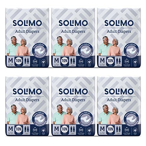 Amazon Brand - Solimo Adult Diapers, Tape Style | Pack of 60 | Medium Size | Waist 28-45 in (71-114 cm) | Unisex | Quick Absorption | Leak Proof Upto 12 Hours | Wetness Indicator | For Men & Women