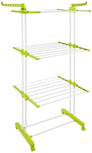 Amazon Brand - Solimo Steel Double Supported 3 Layer Cloth Drying Rack, Foldable And Movable (White & Green)(Iron;Plastic)