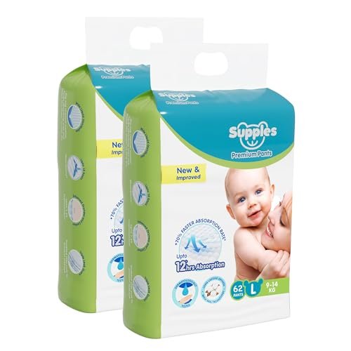 Amazon Brand - Supples Premium Diapers, Large (L), 124 Count, 9-14 Kg, 12 hrs Absorption Baby Diaper Pants