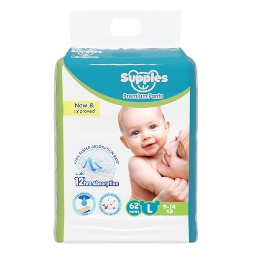 Amazon Brand - Supples Premium Diapers, Large (L), 62 Count, 9-14 Kg, 12 Hrs Absorption Baby Diaper Pants