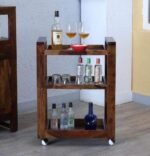 BROLET Bar/Service Trolley (Teak Wood Shade) Sheesham Wooden Folding Bar Cart/Serving Bar Trolley for Kitchen