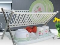 BuenoVida 2-Compartments Foldable Steel & Plastic Dish Rack- Perfect Plate Drainer Utensils & Dishes Drying Holder for Kitchen