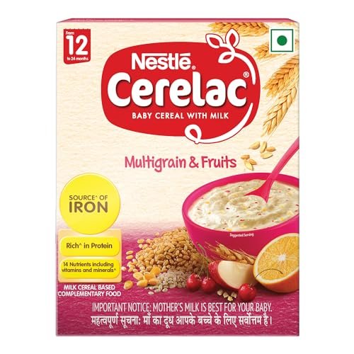 CERELAC Baby Cereal with Milk , Multigrain & Fruits , From 12 to 24 Months ,Stage 4, Source of Iron & Protein , 300g, Bag-In-Box Pack