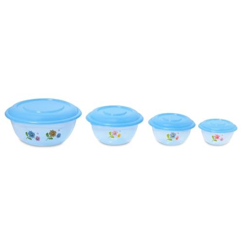 COMET Plastics Small Plastic Storage Containers Set of 4 | 900ml, 500ml, 250ml, 150ml | Microwavesafe | Easy Store | Suitable For Storing Food Grains, Pulses, Spices, Chips etc.| Blue (Flower)