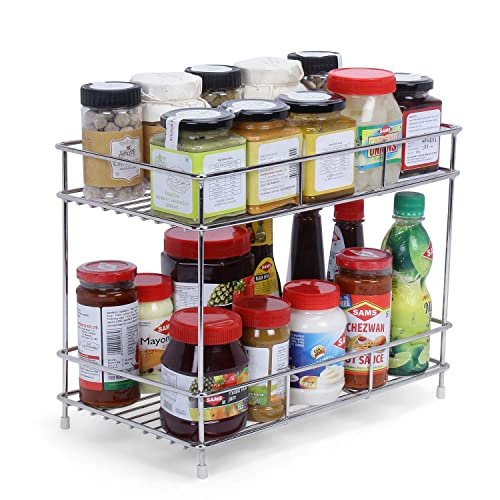 CR18 COLLECTION Big Size Stainless Steel 2 Layer Countertop Kitchen Spice Rack|Modular Kitchen Storage Rack|Kitchen Organizer Multipurpose Storage Shelf/Rack, Silver, Step Shelf